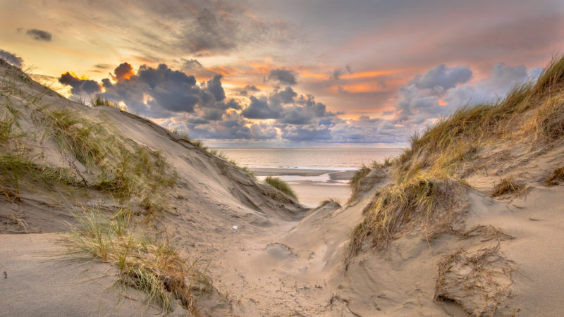 Positive Travel Holland Guide Sunset View on North Sea and Canal fom dunes in Zeeland, Netherlands